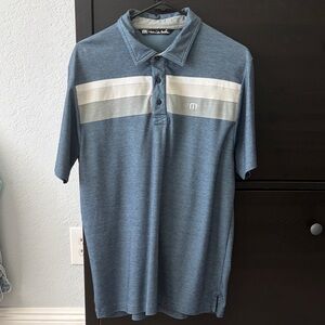 Travis Mathew Heathered Blue Polo with white and gray stripe